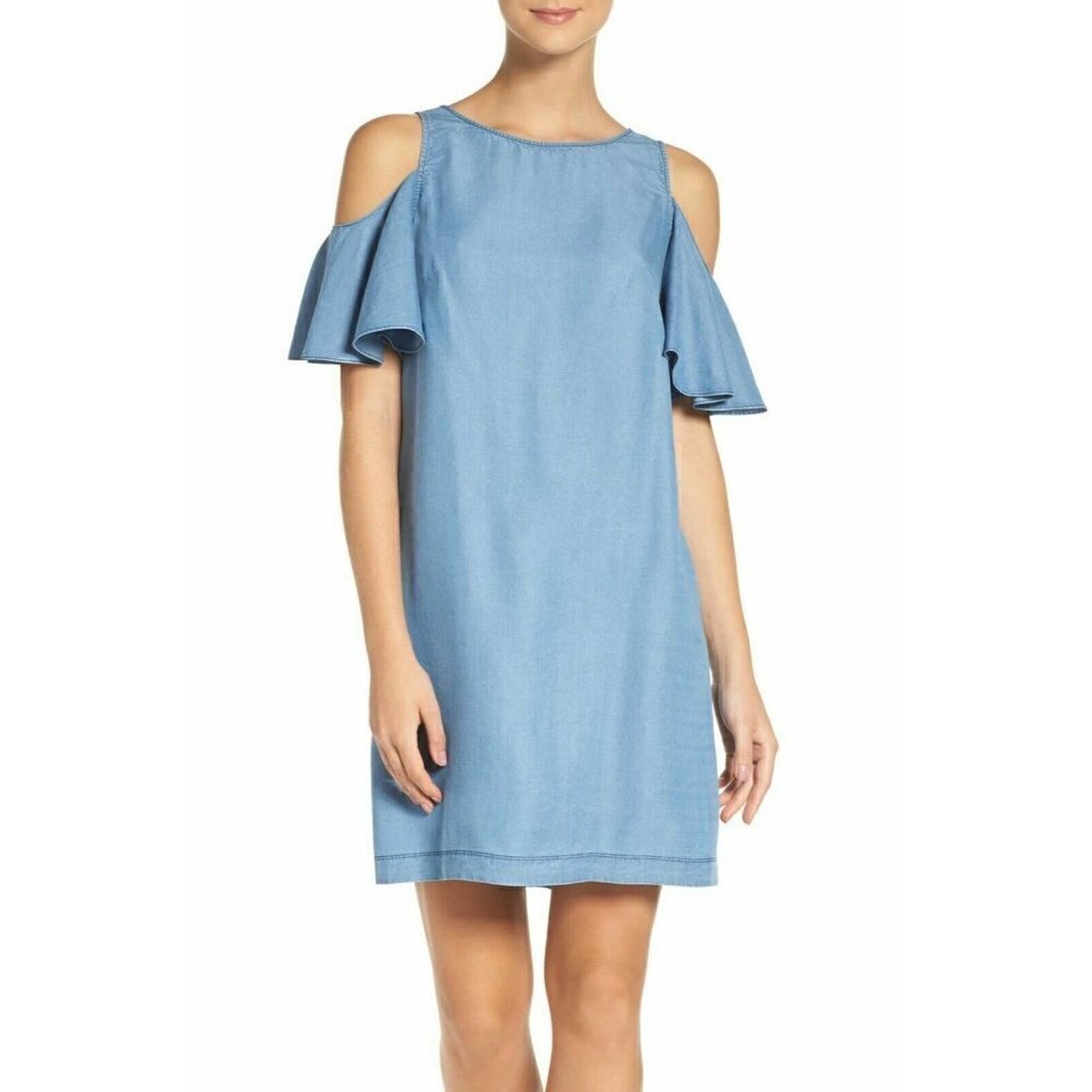 Chelsea28 Womens Chambray Cold Shoulder Shift Dress Size 14